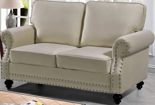 Vista 2 de Container Furniture Direct Lotus - Sofá biplaza tapizado de terciopelo moderno de mediados de siglo, con brazos enrollados, color beige