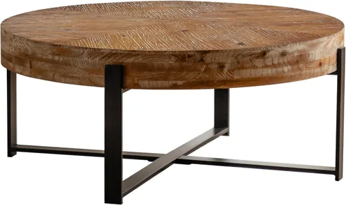 Vista 7 de Knocbel Mesa de centro redonda moderna de diseño simple con parte superior de mesa empalmada de grano de madera y base de patas cruzadas de metal