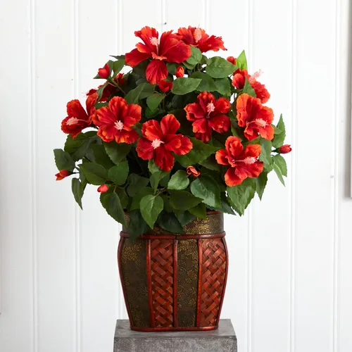 Vista 3 de Nearly Natural 6667 Hibisco con jarrón decorativo de seda, rojo 24 x 24 x 19 pulgadas