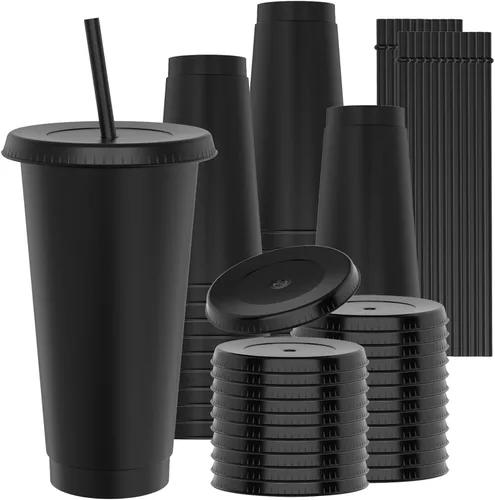 Vista 17 de Vasos de plástico de 24 onzas con tapas y pitillos, tazas de café helado resistentes y seguras para alimentos con tapa, vaso de plástico Negro