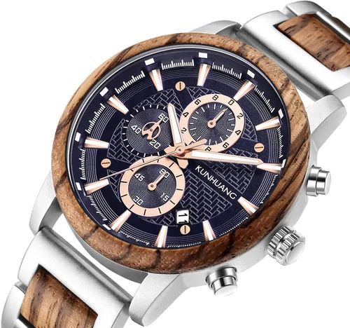 Vista 7 de Relojes de madera para hombre, cronógrafo de cuarzo multifuncional y reloj de pantalla de fecha para hombre, reloj de pulsera de madera hecho a
