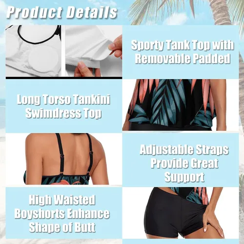 Vista 3 de Urchics - Traje de baño 2023, para mujer, tankini de dos piezas, con control de abdomen, camiseta fluida sin mangas, con short