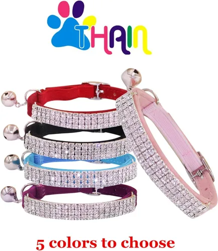 Vista 3 de THAIN Collar de diamantes de imitación para gatos y perros, de terciopelo suave, seguro, ajustable, con campanas, de 8 a 11 pulgadas para perros