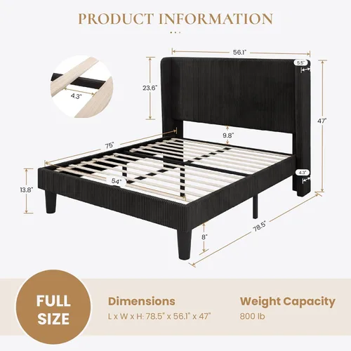 Vista 2 de SHA CERLIN - Base de cama tamaño Full tapizada en pana con plataforma y cabecera acolchada con diseño acanalado vertical estilo wingback, 8