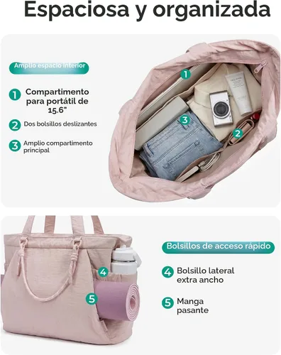 Vista 4 de BAGSMART Bolsa de yoga y pilates para mujer con asas, bolsa de gimnasio Rosa bebé