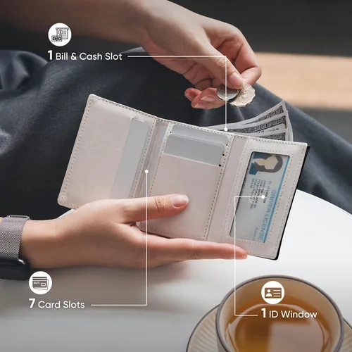 Vista 2 de Vulkitty Billetera pequeña para mujer, de piel triple con ventana de identificación, bloqueo RFID, billetera de seguridad para mujer, soporte