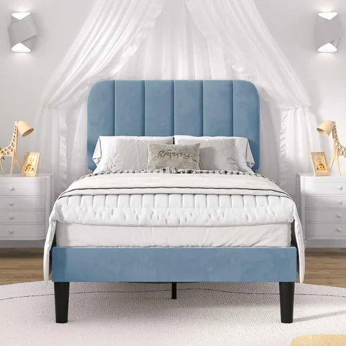 Vista 22 de VECELO Base de cama tapizada de tamaño matrimonial con 4 cajones y cabecero, plataforma de terciopelo, soporte de listones de madera, no necesita