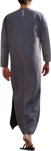Vista 2 de Jacansi - Bata de cuello en V para hombre, manga corta, división lateral, caftán de algodón, thobe largo, tallas S-3XL Púrpura-gris #1