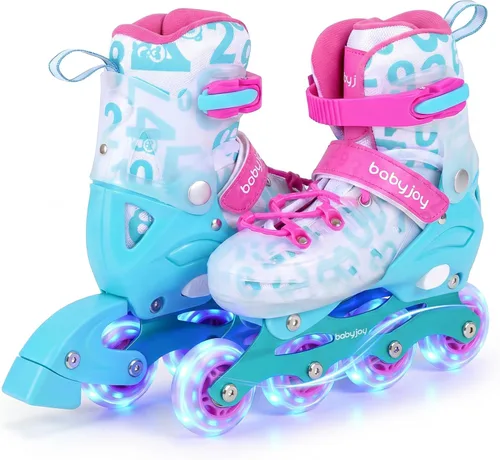 Vista 15 de BABY JOY Patines en línea, 4 tamaños ajustables para niños con ruedas iluminadas para niños de 5 a 14 años, divertidos patines iluminadores