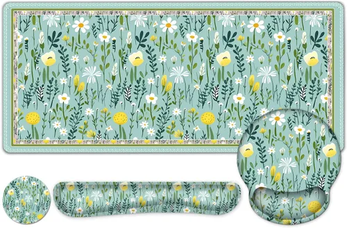 Vista 10 de Alfombrilla de mouse con estética natural de flores, XXL gran alfombrilla de escritorio extendida para la lectura, 4 piezas de base de goma