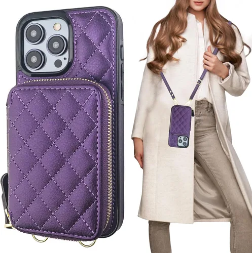 Vista 13 de Bocasal Funda tipo cartera cruzada para iPhone 14 Pro Max, con bloqueo RFID, de piel sintética, con cremallera, funda tipo cartera con función atril