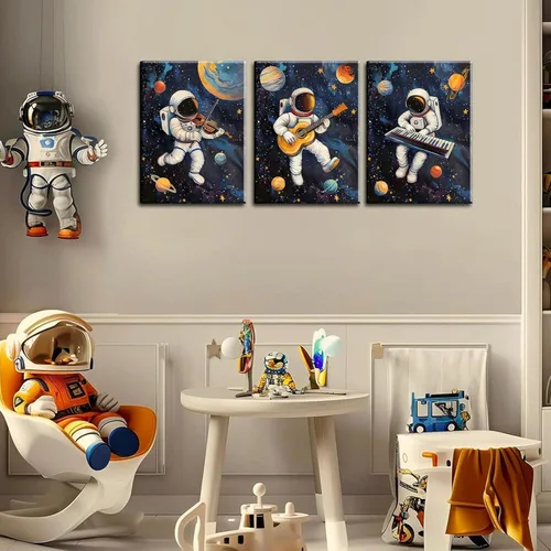 Vista 3 de 3 piezas de arte de pared de astronauta espacial musiic lienzo lindo astronauta músico decoración imágenes divertidas piano guitarra violín carteles