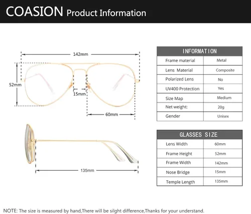 Vista 6 de COASION clásico sin receta aviador gafas claro lente metal marco gafas para hombres mujeres