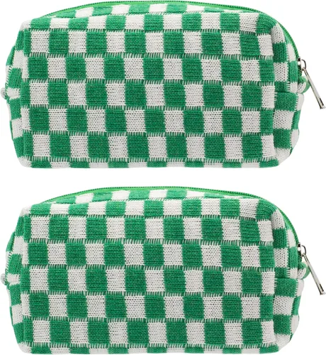 Vista 21 de PAZIMIIK Bolsa de Maquillaje a Cuadros para Bolso Portátil con Cremallera, Estuche Pequeño de Cosméticos para Accesorios de Viaje, Azul Ártico