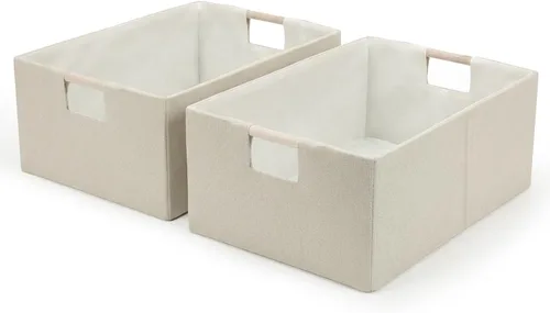 Vista 10 de Cubos de almacenamiento plegables de tela, cestas de almacenamiento de tela con asas de madera, cubos organizadores de armario de estantes, cajas