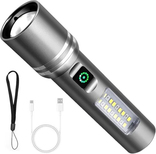 Vista 9 de Linterna recargable de alto lúmenes, 3000 lúmenes, linternas LED superbrillantes con 6 modos de luz, IPX6 impermeable, potente luz flash de mano