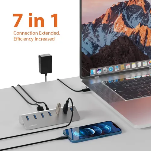 Vista 2 de Achoro Hub USB 3.2 alimentado por 7 puertos (2.ª generación), expansor USB de aluminio de alta velocidad de 10 Gbps para computadora, Mac, PC