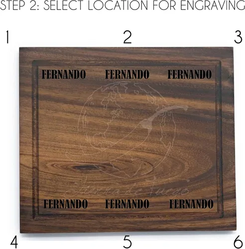 Vista 3 de Tierra de Fuego Tablero de madera de parota real hecho a mano, barbacoa personalizada/cortar/charcutería, placa de madera grabada Regular