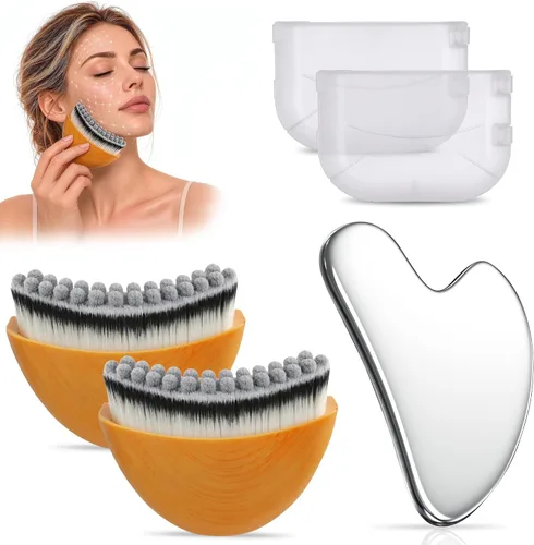 Vista 10 de Cepillo facial de contorno linfático 3PCS con herramienta Guasha de acero Rosa