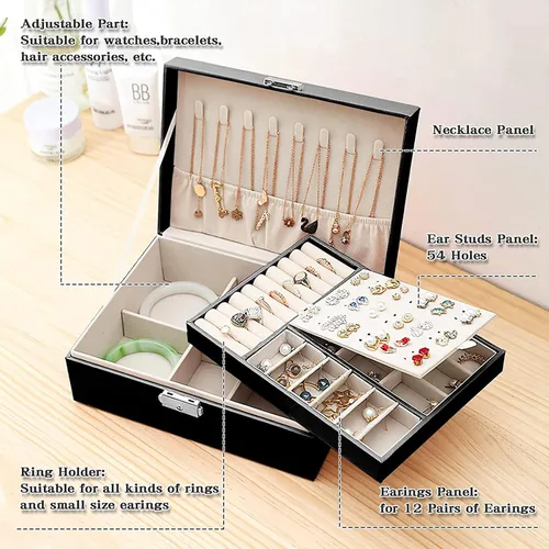Vista 4 de Organizador de joyas para mujer organizador grande de joyas de viaje de 2 capas de piel sintética con forro suave para mujeres y niñas anillos