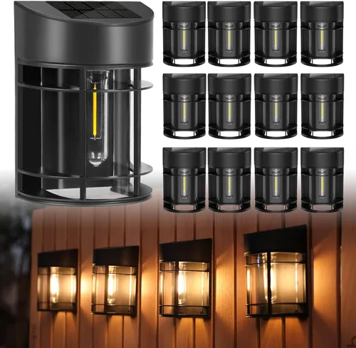 Vista 8 de Luces solares para cercas al aire libre, paquete de 8 luces de cubierta alimentadas por energía solar con bombillas LED Edison, luces solares Negro