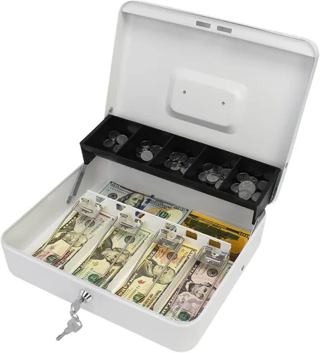 Vista 8 de Caja de efectivo con cerradura de combinación, caja de dinero de metal con bandeja de dinero, caja de bloqueo de efectivo para venta de garaje