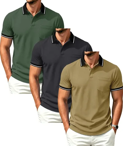 Vista 12 de GEEK LIGHTING Paquete de 3 camisas polo de manga corta con bolsillo para Negro Gris Armygreen