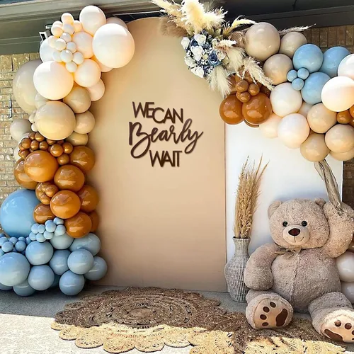 Vista 6 de Letrero "We Can Bearly Wait" para telón de fondo - Pancarta temática de oso de peluche para fiesta de bebé, niño, niña, baby shower, revelación