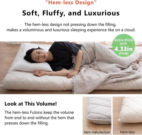 Vista 4 de EMOOR Colchón de futón japonés extra grueso, con dobladillo pequeño, tamaño individual, fabricado en Japón, color blanco, plegable, cama