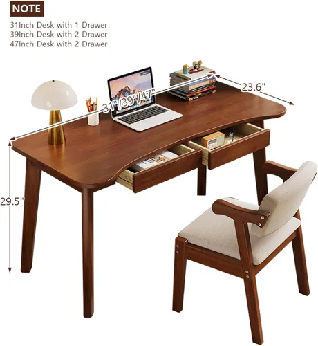 Vista 2 de Escritorio para computadora con 2 cajones, escritorio moderno de oficina en casa, mesa de estudio curvada de madera maciza (31 pulgadas, natural)