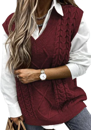 Vista 35 de EVALESS Chaleco Suéter de Gran Tamaño para Mujeres Cuello en V Sin Mangas Color Sólido Suéter Pullover Suelto 1 caqui.