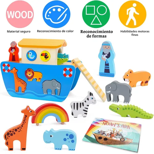 Vista 2 de KMTJT Juego de animales de juguete de madera del arca de Noé para niños pequeños, regalos de bautismo para niños de 1, 2, 3, clasificador de formas