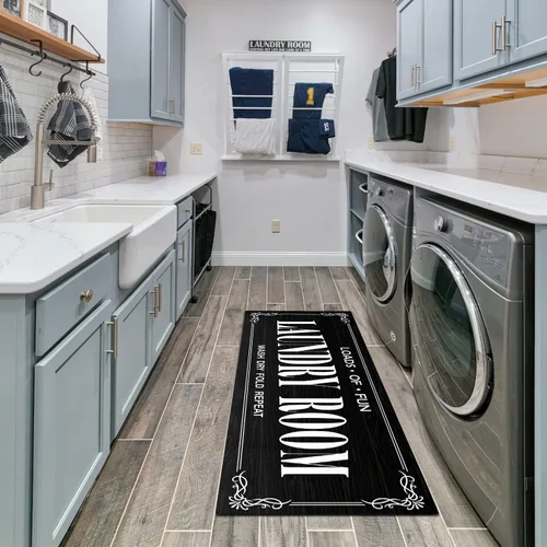 Vista 3 de Alfombra antideslizante para lavandería, decoración de lavandería, alfombra lavable para lavandería, baño, vestíbulo, cocina, 17 x 47 pulgadas, Negro
