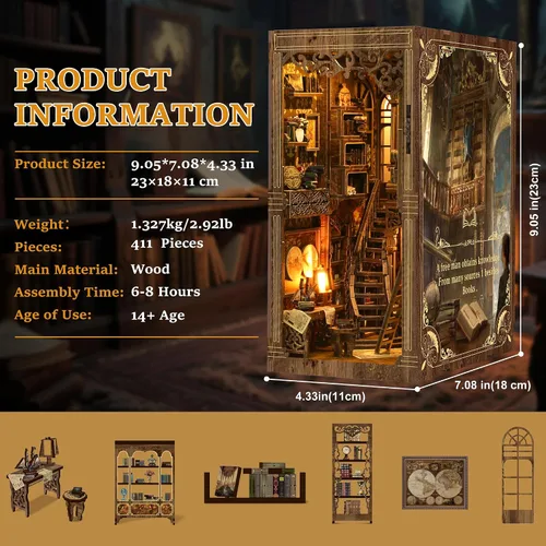 Vista 6 de SUNNINO Kit de Rincón de Libros - Kit de Casa de Muñecas en Miniatura DIY, Rompecabezas 3D de Madera con Luz LED, Kits de Rincón de Libros