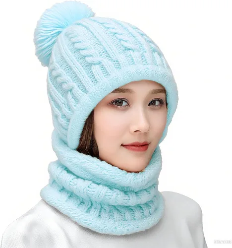 Vista 16 de Gorro de Invierno para Mujer de Una Pieza con Forro Polar Pasamontañas de Punto Conjunto con Bufanda Circular para Cuello Gorro de Esquí para Nieve