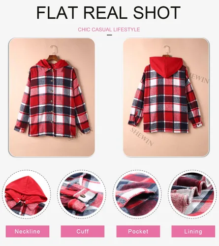Vista 5 de SHEWIN - Camisas de manga larga con botones para mujer, de franela, con capucha, abrigos con capucha