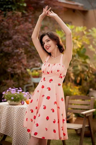 Vista 3 de Belle Poque - Vestido vintage sin mangas, para mujer, diseño floral, fruncido, lindo, acampanado, con vuelo, largo por debajo de la rodilla
