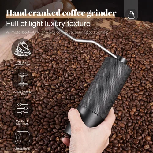 Vista 6 de Molinillo de café manual con capacidad de 0.88 oz, rebabas de acero inoxidable, mango de madera, molinillo de café para rebabas para el hogar, Negro