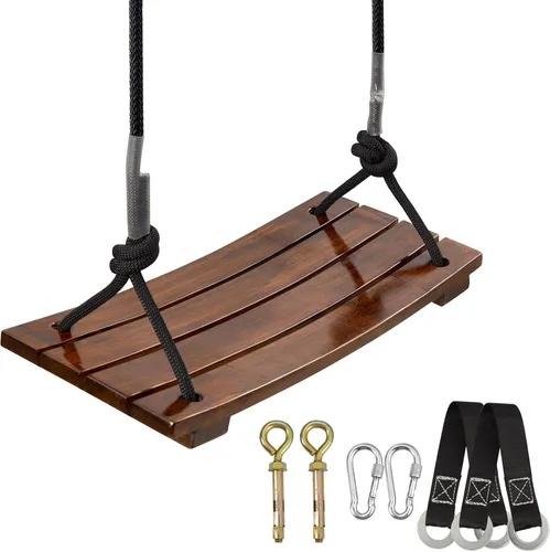 Vista 10 de PELLOR - Columpio de madera para niños, columpio de madera curvada para patio trasero, columpio de madera carbonizada colgante de carga de 220