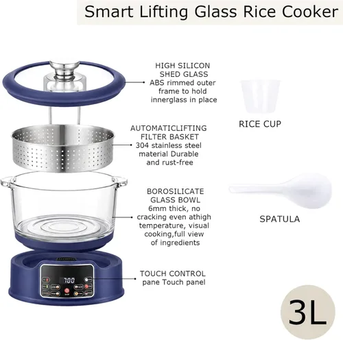 Vista 7 de Arrocera baja en azúcar 3L – Cocina multifuncional de arroz baja en carbohidratos r con cesta de elevación automática, preajuste y temporizador Azul