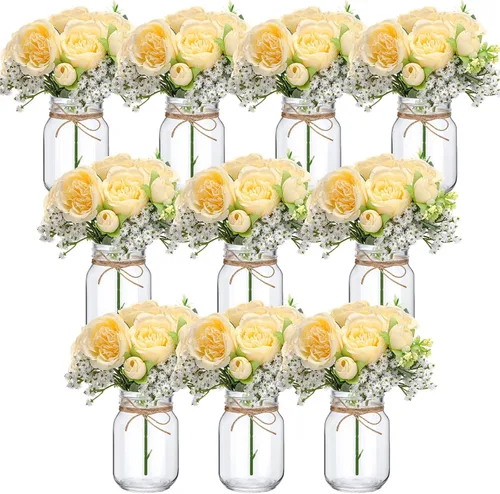 Vista 12 de XunYee Juego de 10 centros de mesa con tarro de albañil de flores, jarrones decorativos para fiestas de compromiso, despedidas de soltera, centros