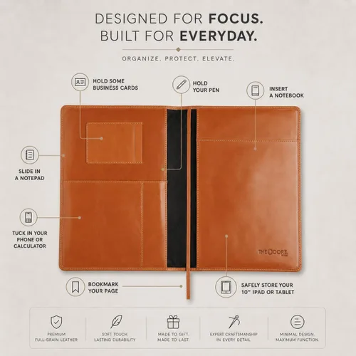 Vista 3 de Theodore Funda de cuero para cuaderno de 7.8 x 10.8 pulgadas con diario, para tableta, teléfono, cuaderno, tarjetas de visita, bolsillos