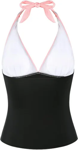 Vista 4 de Hilor - Parte superior de tankini para natación, con cuello profundo en V y halter, drapeado, para mujer