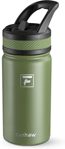 Vista 7 de Fanhaw Botella de agua aislada para niños de 14 onzas con tapa de pajita – Acero inoxidable de doble pared al vacío, a prueba de fugas, botellas