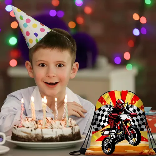 Vista 2 de Boao Paquete de 16 bolsas de regalos de motocross con cordón para fiestas temáticas de carreras, bolsas de regalos para fiestas de cumpleaños