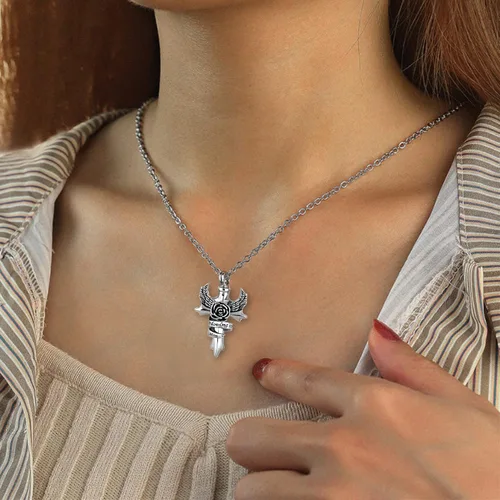 Vista 4 de Collar de urna con cruz de ala de ángel In Loving Memory para mamá, papá, abuela, cenizas humanas, miembros de la familia, recuerdo conmemorativo