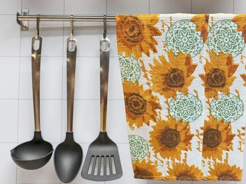 Vista 3 de Juegos de decoración de cocina de girasol con manteles individuales de girasol, toallas de cocina de girasol, guante de horno y soporte para ollas