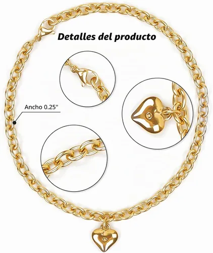 Vista 4 de HOWWFALY Collar para Perro y Cadena Collar para Gato de Acero Inoxidable Ajustable Collar en Forma de Corazón de Oro 18K para Mascotas Pequeñas