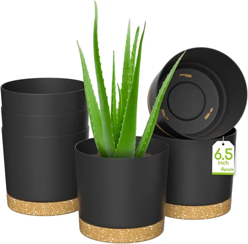 Vista 11 de ZMTECH Macetas para plantas, juego de 6 macetas de plástico de riego automático de 6.5 pulgadas con orificio de drenaje y platillo, maceta