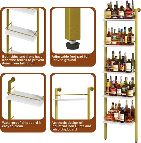 Vista 5 de YMYNY 5-Tier Wall Mounted Wine Racks 16.93x7.87x69.68"White & Gold White With Gold